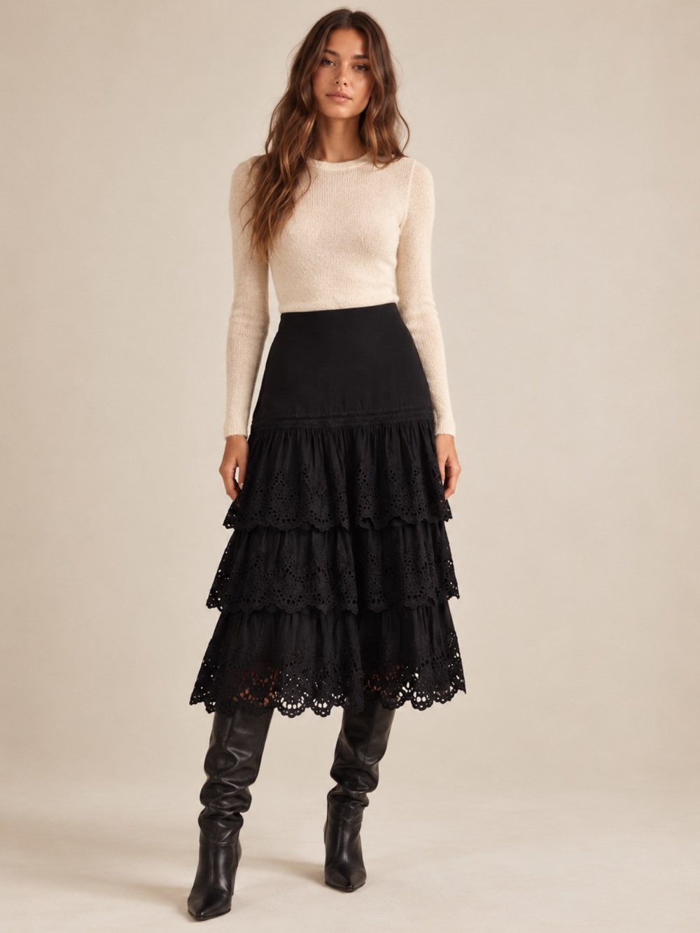 Tularosa Black Eyelet Tiered Ruffle Midi Skirt Revolve Size Small
